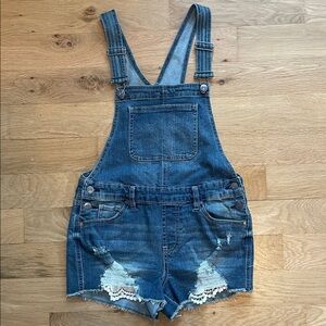 Denim Overall Shorts with Lace Trim
